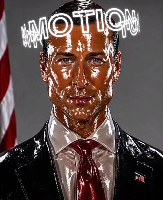 An AI-generated/glossy illustration of a man in a suit with an American flag pin and tie, with the word "INMOTION" displayed across the top.