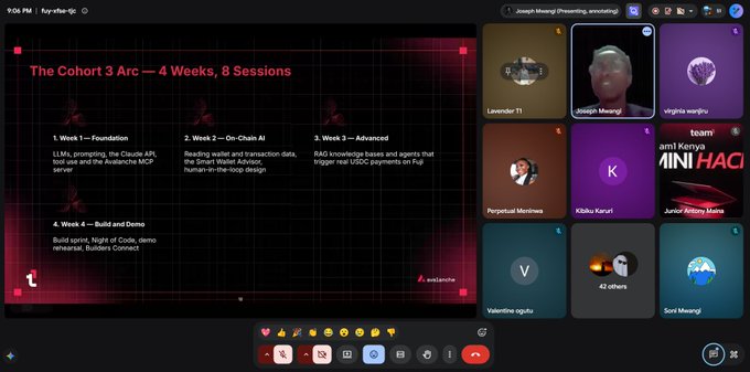 Screenshot of a Google Meet video call titled "The Cohort 3 Arc — 4 Weeks, 8 Sessions" presenting an Avalanche MCP builder program, with one participant's camera on (Joseph Msangi) and others listed in the sidebar.