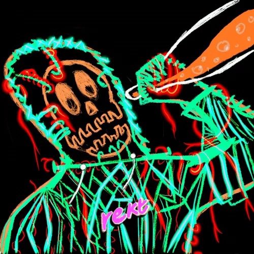 A chaotic, stylized digital illustration of a skeletal figure with glowing teal hair and red outlines against a black background, holding an orange object that emits white energy lines, with the word 'reri' written in pink text.