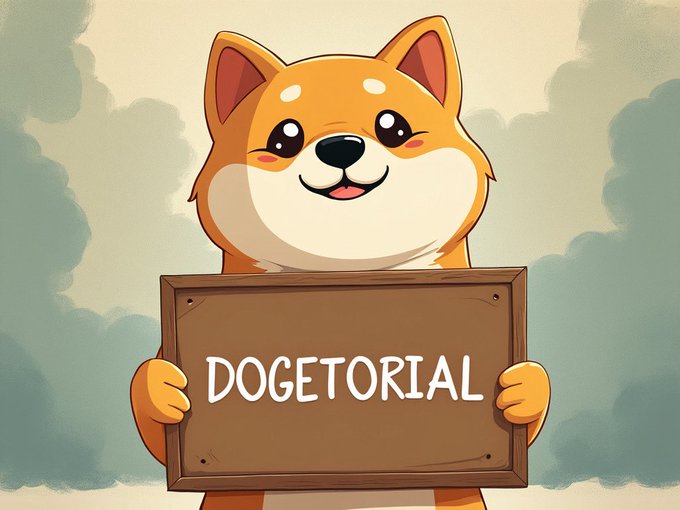 An illustration of a Shiba Inu dog holding a wooden sign that reads 'DOGETORIAL' against a cloudy sky background.