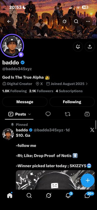 A screenshot of a Twitter/X profile for user 'baddo' (@baddo345xyz) with the display name 'God Is The True Alpha'. The account has 1.8K Following and 2.1K Followers, with a pinned post mentioning '$10. Ga', '-follow me', '-Rt; Like; Drop Proof of Notis', and '-Winner picked later today: SKIZZYS'.