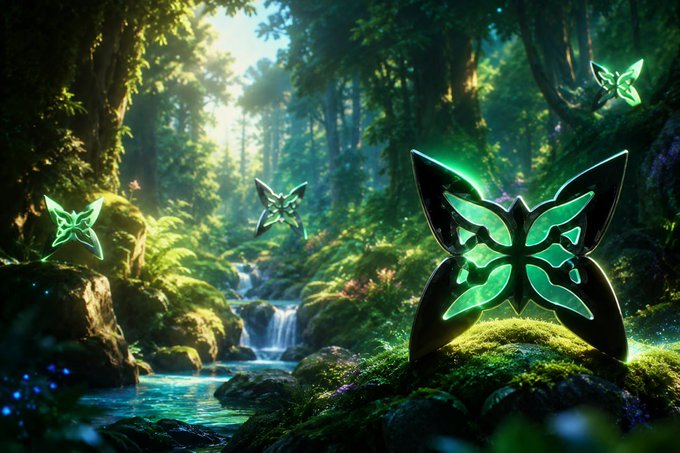 The image features a butterfly-shaped object with green and blue colors, surrounded by rocks and trees. The butterfly appears to be glowing or emitting light, which adds an interesting visual element to the scene. The background of the image includes water and forest elements, creating a natural and serene atmosphere. There is no direct connection between the butterfly and the post about investing in cryptocurrency.