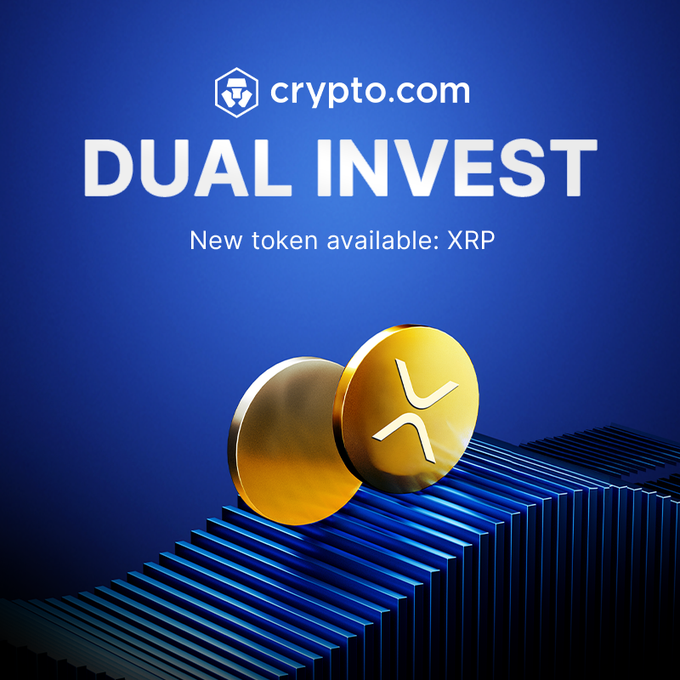 A promotional graphic from Crypto.com announcing that XRP is now available on Dual Invest, featuring the Crypto.com logo, bold "DUAL INVEST" text, and gold XRP coins displayed on a blue stepped surface. The image visually supports the post's announcement of triple-digit reward rates on XRP alongside other tokens like BTC, ETH, SOL, USDC, and PAXG.