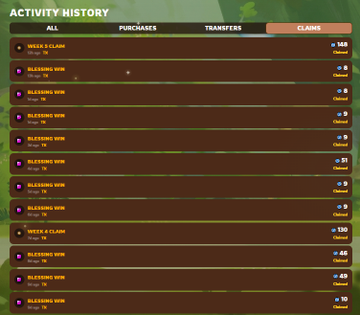 The image features a screenshot of an active game called "Just bought and stake the @FishingFrenzyCo Founder Pass" with an overlay of a claim history screen, which contains several claims made by users who have been playing the game for a certain number of days.