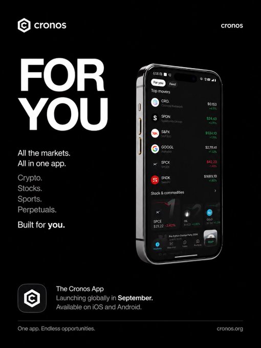 This promotional image for the Cronos App showcases a sleek black background featuring the bold "FOR YOU" headline alongside a smartphone displaying a "Top Movers" market feed with tickers including CRO, SPON, S&PX ($534.10), GOOGL, SPCX, and SPDK. The ad highlights "All the markets. All in one app" — covering Crypto, Stocks, Sports, and Perpetuals — and announces the app's global launch in September on iOS and Android at cronos.org. The image visually reinforces the post's claim about Cronos preparing a unified, multi-market trading platform for users.