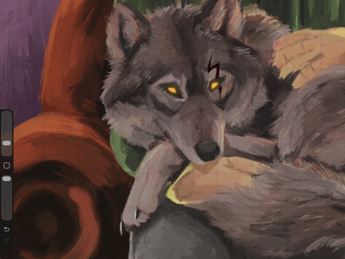 A digital painting of a snarling dark-furred wolf or direwolf with glowing yellow eyes resting on an orange cushion, featuring a lightning-bolt scar on its forehead.