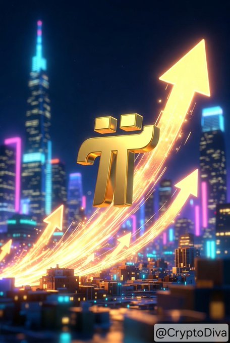 A vibrant digital illustration shows a golden Pi (π) cryptocurrency symbol rising upward with glowing arrows against a neon-lit futuristic cityscape at night, watermarked @CryptoDiva.