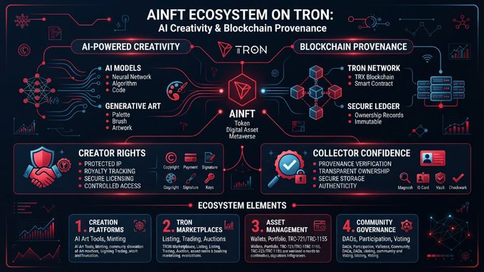 An infographic titled 'AINFT ECOSYSTEM ON TRON: AI Creativity & Blockchain Provenance' showing components like AI models, generative art, Tron network, creator rights, and collector confidence.