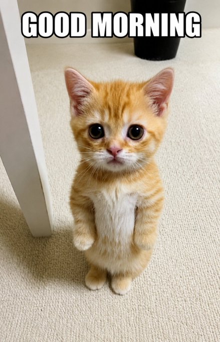 A small orange tabby kitten sitting upright on carpet with the text 'GOOD MORNING' overlaid at the top.