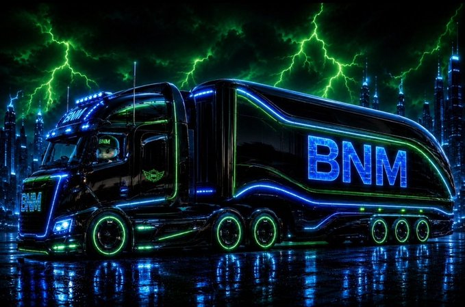 A futuristic, neon-lit semi-truck emblazoned with "BNM" in glowing blue letters rolls through a stormy cityscape crackling with green lightning, symbolizing BNM's powerful transition from its completed Pump.fun bonding curve to live DEX trading.