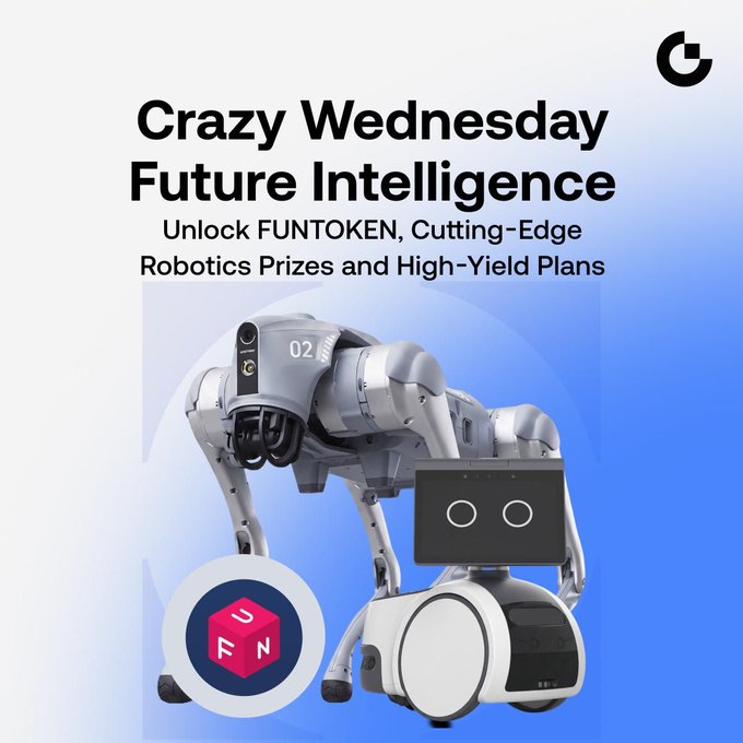 A promotional graphic titled 'Crazy Wednesday Future Intelligence' featuring a white quadruped robot and a smaller robot with a digital face, alongside a 'FUN' cube logo and text reading 'Unlock FUNTOKEN, Cutting-Edge Robotics Prizes and High-Yield Plans'.