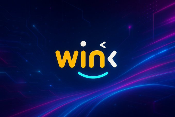 A digital graphic displaying the word 'win' in yellow and white stylized text with a smiling cyan curve underneath, set against a dark blue background with circuit-like patterns and pink neon streaks.
