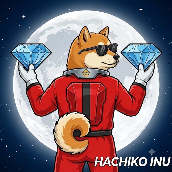 An astronaut Shiba Inu dog wearing sunglasses and a red spacesuit holds two large blue diamonds against a full moon backdrop, with the text "HACHIKO INU" displayed at the bottom, visually representing the crypto token's diamond-handed holding power and space-bound ambitions on BNB Chain as mentioned in the post.