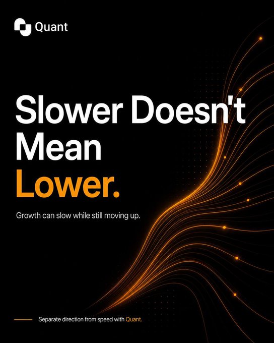 An advertisement for 'Quant' featuring the bold text 'Slower Doesn't Mean Lower' with the subtext 'Growth can slow while still moving up,' accompanied by an orange curved line graphic on a black background.