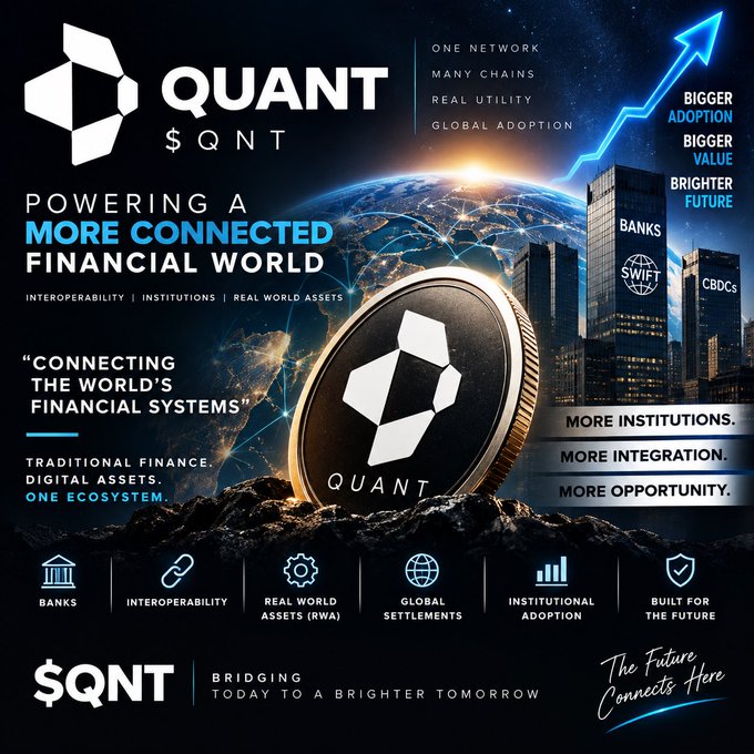 A promotional graphic for Quant ($QNT) cryptocurrency featuring a gold coin with the Quant logo, advertising "POWERING A MORE CONNECTED FINANCIAL WORLD" with bullet points for banks, interoperability, RWA, global settlements, and institutional adoption.