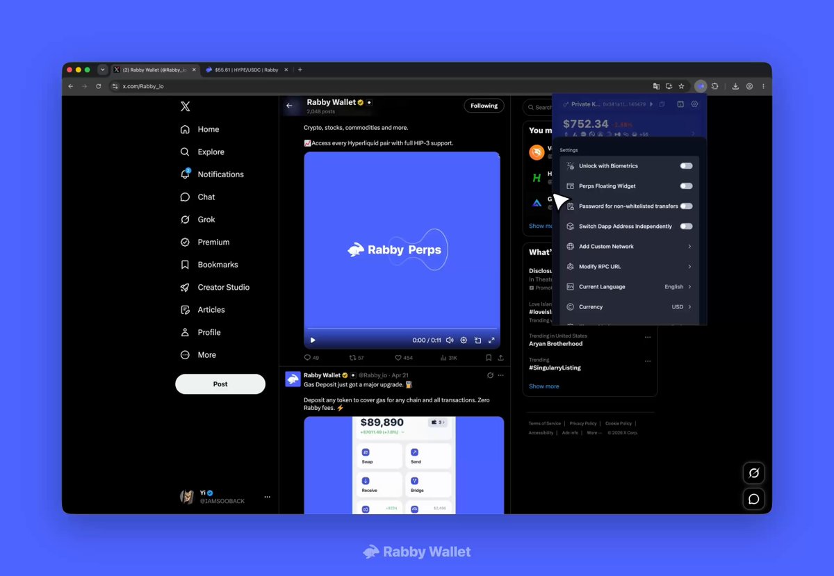 The image features a webpage with a blue background, displaying the Rabay web app's interface that allows users to input pin numbers for various platforms. The caption for this screenshot reads "Pin your live Hyperliquid PnL with Rabby’s Floating Widget." This likely refers to an online platform where users can create pins for their Twitter and Instagram accounts or other similar services.
