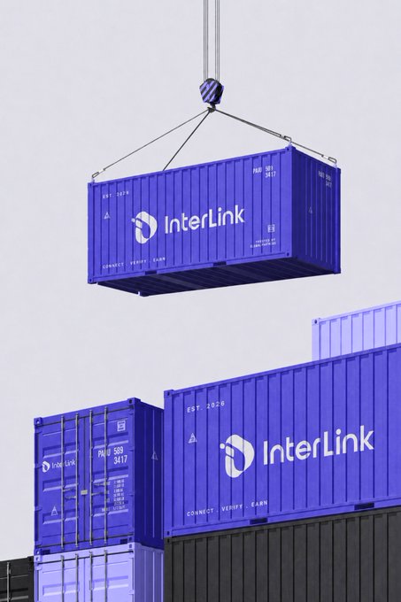 A 3D render of blue shipping containers branded with 'InterLink' and the tagline 'CONNECT - VERIFY - EARN', with one container being lifted by a crane.