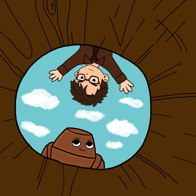 The image features two cartoon characters - one brown and one blue - looking at each other through an opening or hole, possibly a tree trunk. The brown character has glasses and appears to be wearing a tie. The blue character also has glasses but is not wearing a tie. Both characters are smiling, creating a friendly atmosphere in the scene.