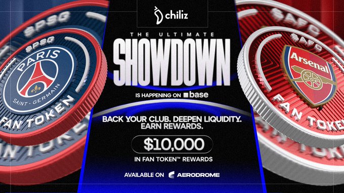 The image features a poster or banner advertising an event called "The Ultimate Showdown". It has two circles, each representing a different team - one red and one blue. Both teams are shown wearing their respective colors. The text on the poster announces that fans can win $10,000 in Fan Tokens if they participate in the event. The poster also mentions that the event is happening at an Airodrome Fi location.