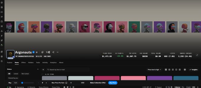 A dark-themed NFT marketplace interface showing a collection called 'Argonauts' with a row of profile pictures, floor price of $1,471.63, and other statistics.