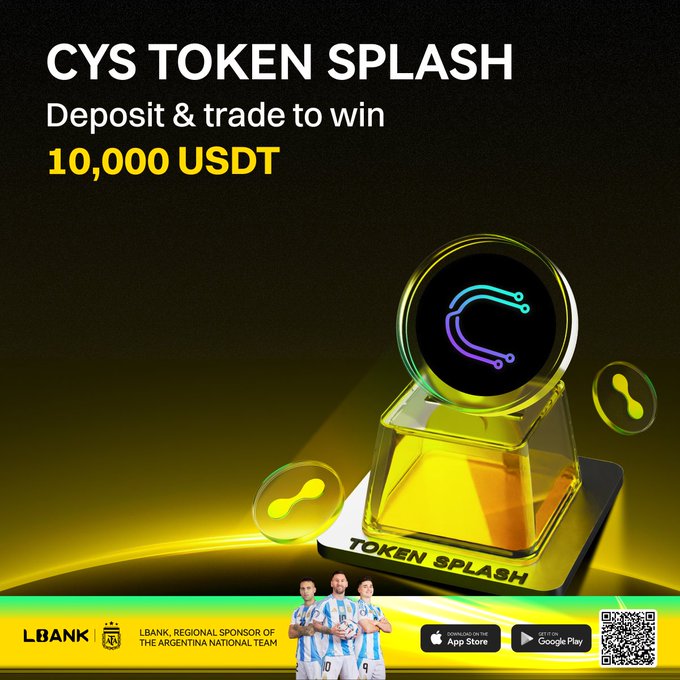 A promotional banner for the "$CYS Token Splash" event on LBank, featuring a glowing golden trophy with the CYS logo and three Argentine national team players in their jerseys at the bottom, inviting users to deposit and trade $CYS to win from a 10,000 USDT prize pool, with logos for LBank as regional sponsor, App Store, Google Play, and a QR code.