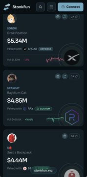StonkFun app screenshot listing ZSCAT (Overcoinization) at $5.34M, SIRENCAT (Raydium Cat) at $4.85M, and a backpack wallet at $4.44M.