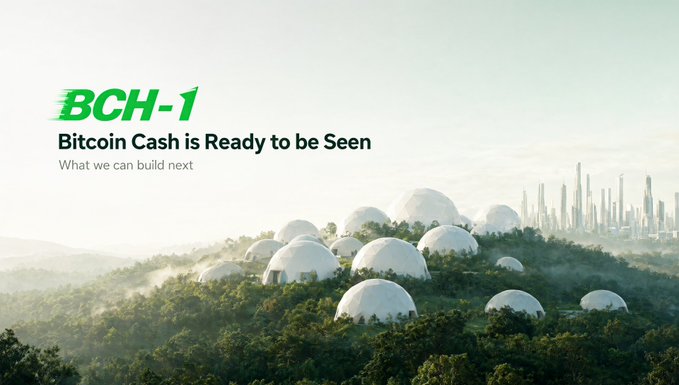 A promotional image featuring futuristic white dome structures in a forest setting with a city skyline in the distance, overlaid with the logo 'BCH-1' and the text 'Bitcoin Cash is Ready to be Seen' and 'What we can build next'.