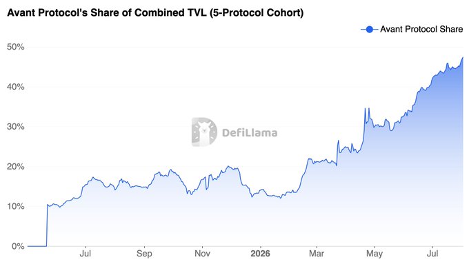 A line chart titled 'Avant Protocol's Share of Combined TVL (5-Protocol Cohort)' from DefiLlama, showing Avant Protocol Share rising from 0% to approximately 45% between July and the following July.