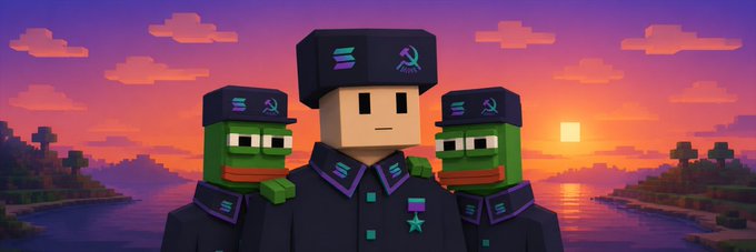 Three blocky, Minecraft-style duck figures stand together in dark military-style uniforms adorned with teal accents, medals, and a star, wearing ushanka-style hats with hammer and sickle emblems against a pixelated sunset backdrop with a river and a Sol chain logo visible on their attire, serving as a themed banner for the $SOLDIKINS community on Moby.