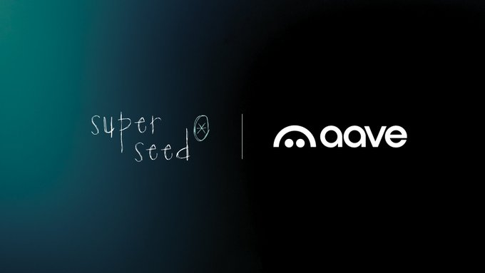 A dark, gradient background showcases two logos side by side: the hand-drawn "superseeD" logo on the left and the bold "aave" logo on the right, separated by a vertical line. The pairing visually represents the partnership announcement introducing Aave USDe earning (2.34% on deposits) to Superseed's strategy marketplace on Ethereum.