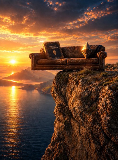 A weathered couch perches on a cliff edge at sunset, holding the "Book of Ethereum" alongside the ETH diamond symbol, mirroring the post's theme of Ethereum's established "written culture" standing at the precipice of an unwritten destiny.
