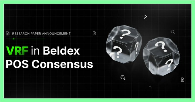 A research paper announcement banner with the text 'VRF in Beldex POS Consensus' displayed next to two question mark dice on a dark grid background.