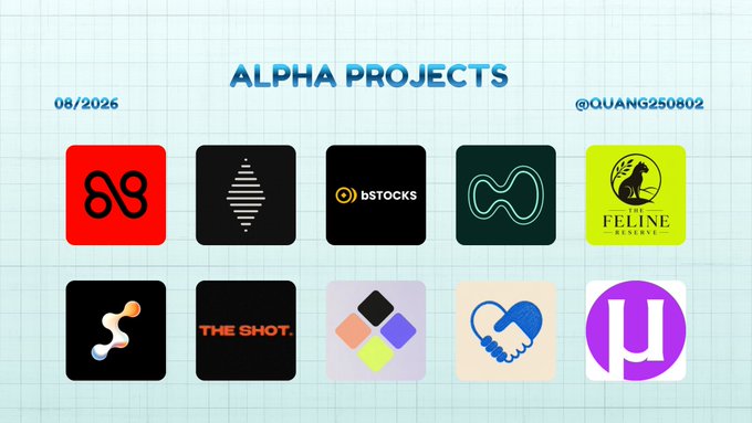 An 'ALPHA PROJECTS' showcase dated 08/2026 by @QUANG250802, displaying 10 app/project icons including bstocks, THE SHOT, and FELINE BREW.