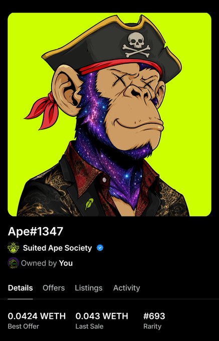 An NFT listing for Ape #1347 from the Suited Ape Society collection, showing a pirate-themed ape with a galaxy-patterned bandana, a best offer of 0.0424 WETH, and last sale of 0.043 WETH.