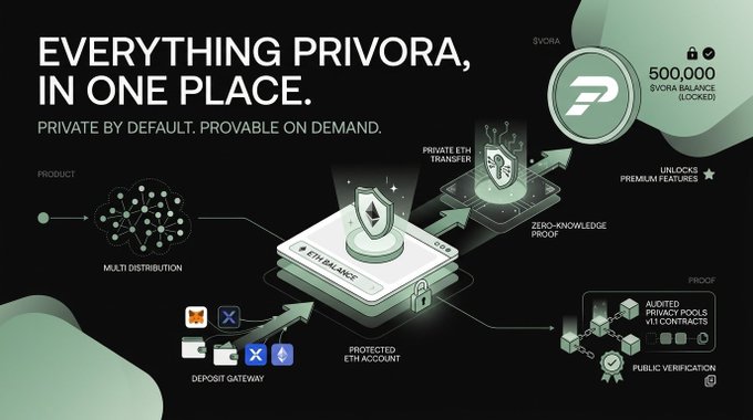 Infographic for Privora ($VORA) titled 'EVERYTHING PRIVORA, IN ONE PLACE,' highlighting features like ETH balance, private ETH transfer, multi-distribution, deposit gateway, audited privacy pools with 11 contracts, zero-knowledge proof, and a 500,000 $VORA balance locked.