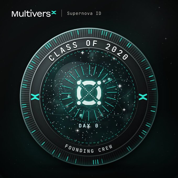 A digital graphic for 'MultiversX | Supernova ID' featuring a circular 'Class of 2020 Founding Crew' emblem with a glowing X logo on a starry dark background.