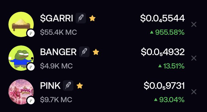 A memecoin watchlist displays $GARRI at $0.05544 with a $55.4K market cap and a 955.58% gain, alongside $BANGER ($0.04932, +13.51%) and $PINK ($0.09731, +93.04%), supporting the post's emphasis on $GARRI as the standout performer with the highest market cap and biggest surge.