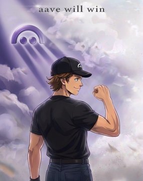 An anime-style illustration of a young man wearing a black cap and t-shirt flexing his arm, with the text "aave will win" and the Aave logo in the cloudy sky above him.