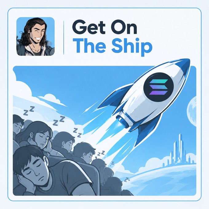 An illustrated advertisement for a Solana-based app called 'world' featuring a rocket launching, sleeping passengers, and the headline 'Get On The Ship' alongside a cartoon avatar.