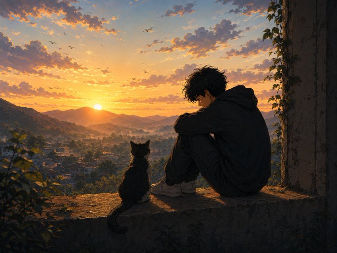 An anime-style illustration of a young man with dark hair sitting on a stone ledge beside a black cat, watching the sunset over a distant valley.