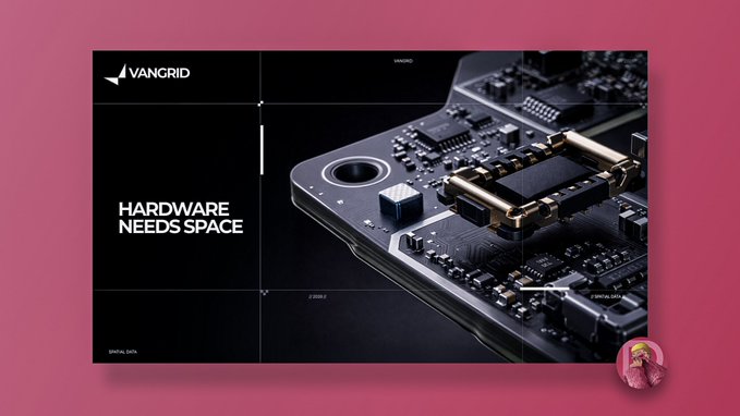 A dark-themed web design mockup for 'VANGRID' with the tagline 'HARDWARE NEEDS SPACE', displaying a close-up of a circuit board.