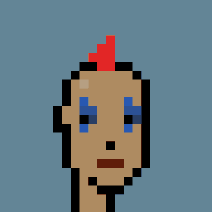 A pixel art portrait of a Cryptopunk character with a red mohawk and blue eyes against a blue background, representing Punk #270 which was purchased for 31.99 ETH ($61,897 USD).