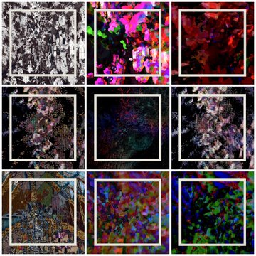 A 3x3 grid of abstract, glitch-art style images with white borders, featuring pixelated and distorted patterns in black, white, red, green, and pink hues.