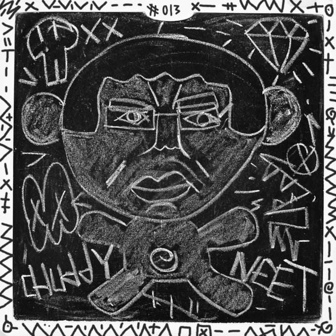 Black and white stylized artwork labeled '#013' featuring a central face with geometric designs and tribal-like symbols around the border.