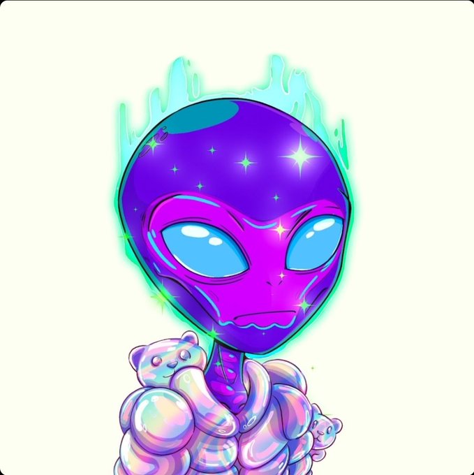 Vibrant digital illustration of a purple and blue alien character with large glossy eyes and a glowing teal aura, holding a holographic iridescent teddy bear-like figure.