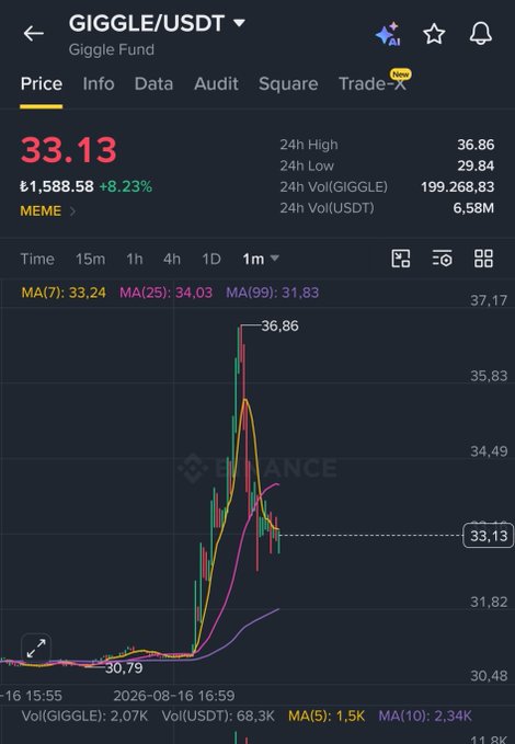 Cryptocurrency price chart for GIGGLE/USDT showing a price of 33.13 with an 8.23% gain, a 24h high of 36.86 and low of 29.84, with a sharp spike visible on the 1-month timeframe.