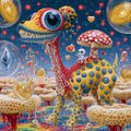 A surreal, colorful digital artwork depicting a whimsical landscape with strange creatures, mushroom-like structures, and a small dragon-like figure in a fantastical setting.