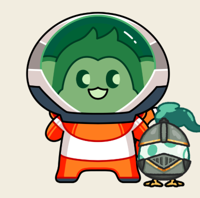 A cartoon illustration of a green-haired chibi astronaut character in an orange spacesuit standing next to a small helmeted chick.