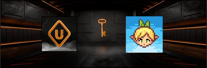 A sci-fi styled graphic with an orange-lit metallic corridor background showcases three items: a U-shaped logo, a vintage key, and a pixel art character resembling a yellow onion-headed swimmer.