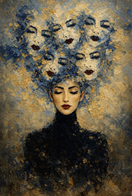 An impressionistic painting of a woman in a dark, high-necked garment, her head crowned with a cluster of pale, ghostly faces against a textured, yellowish-blue background.